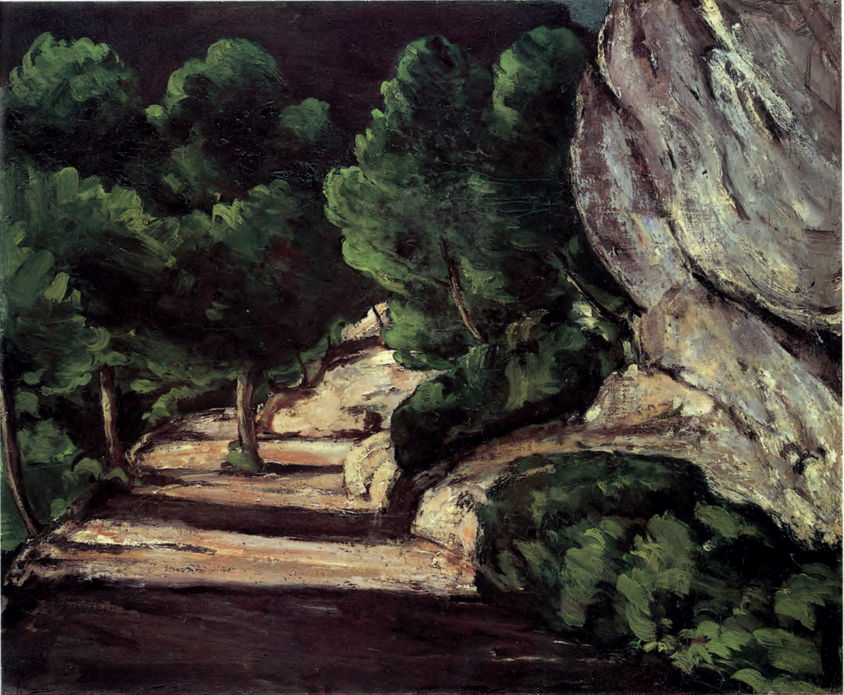 Gemälde eines schattigen Waldwegs mit Felsen und dichten grünen Bäumen,  Paul Cézanne, Straße mit Bäumen im Felsgebirge